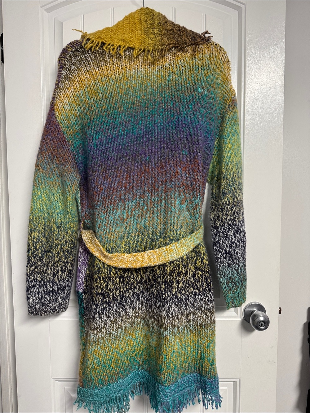 Anthropologie Multicolor Knit Belted Cardigan - teal, purple, yellow, brown - Picture 3 of 3